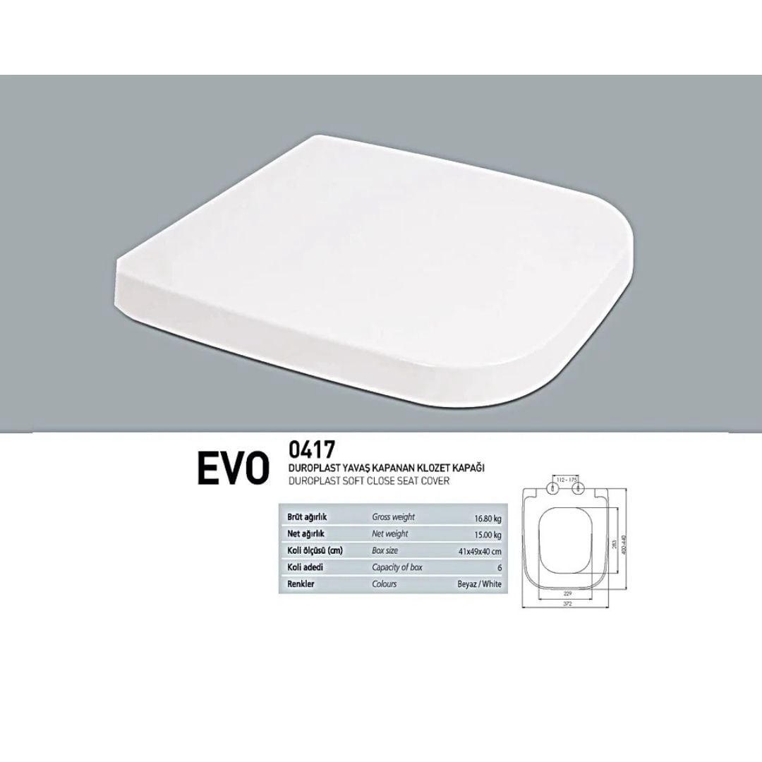 0417 Evo Yavaş Kapanan Klozet Kapağı, modern ve şık tasarımıyla banyolarınıza estetik bir dokunuş sunar. Yavaş kapanma mekanizması sayesinde sessiz ve güvenli kullanım sağlar, ani çarpmaları önleyerek uzun ömürlü kullanım imkânı verir. Dayanıklı, hijyenik ve kolay temizlenebilir malzemeden üretilmiştir. Ergonomik yapısı ile rahat bir oturum sağlar ve birçok klozet modeliyle uyumlu tasarlanmıştır. 0417 Evo, şıklık ve fonksiyonelliği bir arada sunar.